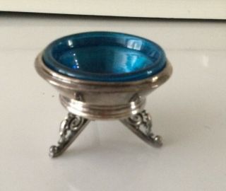 Silver Plated Open Salt Cellar With Pedestal Base And Blue Liner