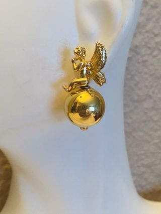 Kirks Folly Earrings Cherub Angel Drop Gold Whimsical Iridescent Rhinestone