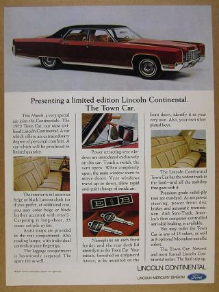 1972 Lincoln Continental Town Car Limited Edition Color Art Vintage Print Ad