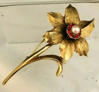 Vintage Boucher Signed Modele Depose Ruby Rhinestones Figural Flower Brooch