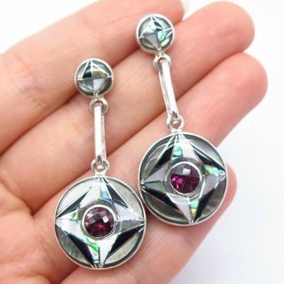 Old Pawn Navajo 925 Sterling Silver Amethyst Abalone Shell Black Onyx Earrings