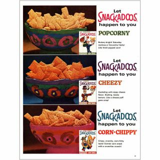 1967 Snackadoos: Popcorny,  Cheezy,  Corn Chippy Vintage Print Ad