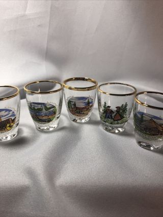 Set Of 5 Shot Glasses German Cities.  Vintage
