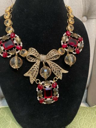 Vintage Bow & Rhinestone Medallion Statement Necklace - A Repurposed Ooak