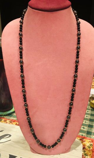 Vintage 10k Yellow Gold And Black Glass Beaded Necklace Long 32”