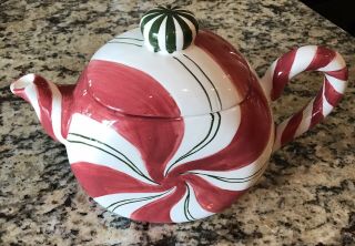 Teapot Peppermint Hard Candy Cane Ceramic Red White Green Hand Painted Christmas