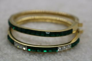 2 Vintage Bijoux Givenchy Princess Cut Rhinestone Faux Emerald Bangle Bracelet