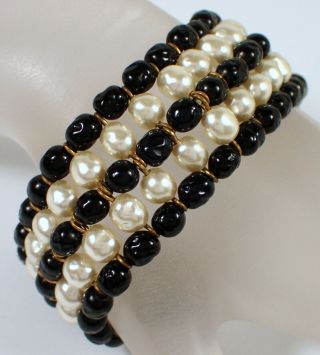 Rare Vtg Miriam Haskell Signed Black Art Glass Baroque Pearl Bead Wide Bracelet