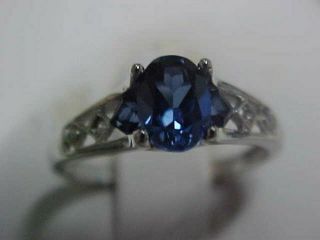 Estate Created Royal Blue Sapphire & Diamond Accent Ring 10k White Gold Sz6.  5