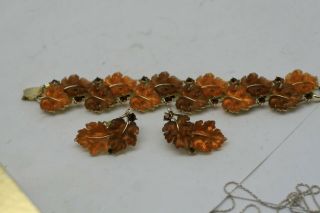 Wide Lisner Amber Thermoset Oak Leaf Bracelet Earrings Set Clip F3