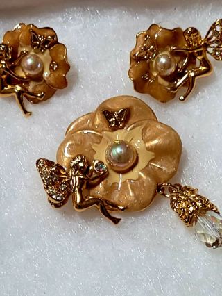 Vintage Kirks Folly Enamel Flower & Fairy Brooch & Earrings.  Retired.  Rare.