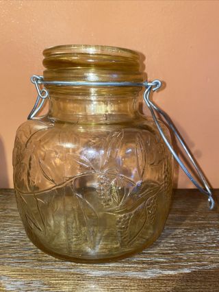 Amber Glass Circle Canister Jar Grape Vine Crownford Italy 1983