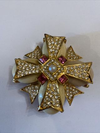 Joan Rivers Maltese Cross Brooch Pave Rhinestones Cream Cabochons Pink Accents
