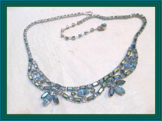Sherman Sky Blue & Emerald Ab - Baguette Garland & Floral Cluster Motif Necklace