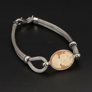 Sterling Silver Italy 16mm Double Wheat Chain Shell Cameo 7.  5 " Bracelet - 12.  5g