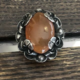 Old Mexican Sterling Silver Oval Orange Stone ? Glass ? Floral Design Ring