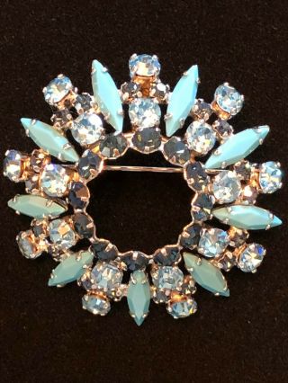Sherman Brooch In Shades Of Turquoise,  Topaz And Sapphire Crystals