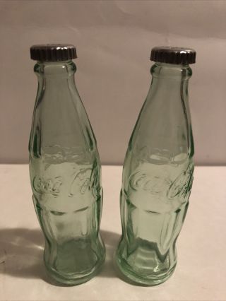 Retro Style Coca Cola Glass Coke Bottle Salt And Pepper Shakers Set Green Glass