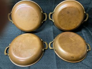 Vintage Copper Au Gratin Pans With Brass Handles 4 Total 5 3/4 Inches Across