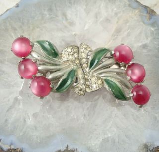 Vintage Coro Duette Pink Moonglow Cabochon Enamel Flower Pin Brooch Fur Clip Set