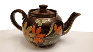 Vintage Brown Glazed Hand - Painted Floral Teapot Gold Accents 5 " Tall
