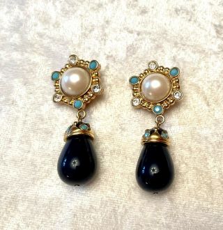 Vintage Barrera For Avon Enamel Clip Earrings Faux Pearl Turquoise Bead Runway
