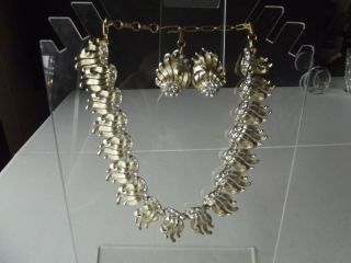 Vtg Necklace Choker & Clip On Earrings,  Gold Tone Clear Rhinestone Signed Lisner