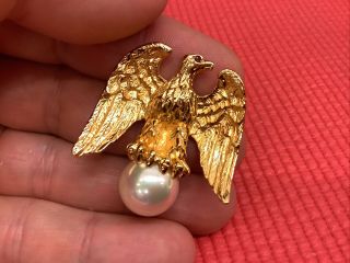 Ann Hand Signed Gold Tone Liberty Eagle Brooch With Faux Pearl And Stone Eye