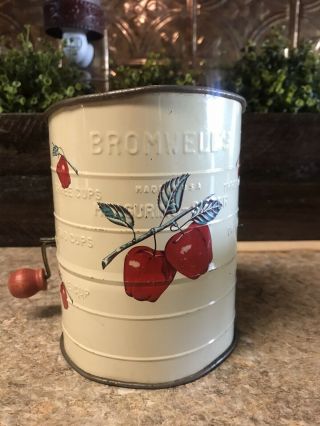 Vintage Bromwell’s Measuring 3 - Cup Metal Flour Sifter W/ Apple Design Farmhouse