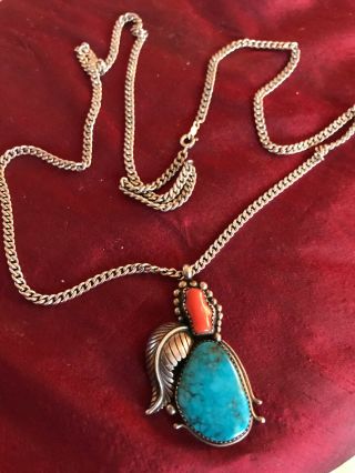 Vintage Silver 925 Turquose And Coral Pendant On A Silver 28 Inches Chain Total