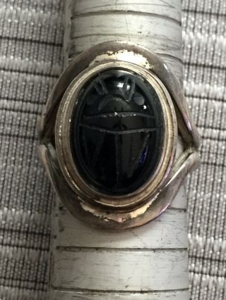 Vintage 925 Sterling Silver Cellini Black Carved Scarab Onyx Ring Size 7