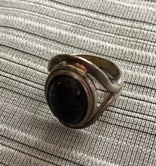 VINTAGE 925 STERLING SILVER CELLINI BLACK CARVED SCARAB ONYX RING SIZE 7 2