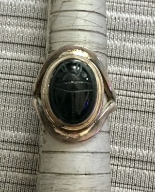 VINTAGE 925 STERLING SILVER CELLINI BLACK CARVED SCARAB ONYX RING SIZE 7 3