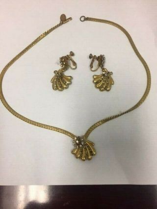 Vintage Miriam Haskell Signed Gold Fan Necklace With Crystals And Matching Earin