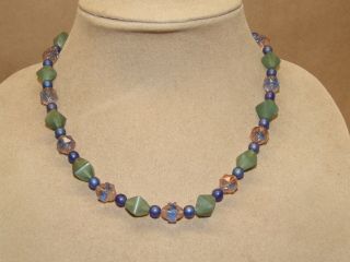 Art Deco Czech Green Blue & Bi Color Pink Uranium Glass Beaded Necklace 17.  5 "