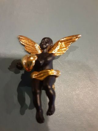Coreen Simpson Vintage Black Enameled /gold Trim/wings Cherub Angel Pin Euc