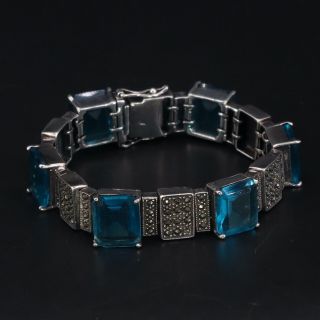 Sterling Silver - Art Deco Blue Glass & Marcasite 6.  75 " Tennis Bracelet - 53g