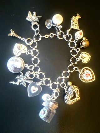 Vintage Sterling Silver Charm Bracelet With Sterling Hearts & Charms
