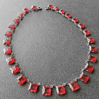 Vintage Sterling Silver Art Deco 1930s Ruby Red Glass Crystal Necklace 972