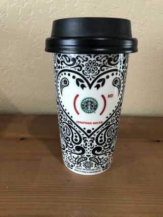 Starbucks 2010 Jonathan Adler Red Heart Black Paisley Ceramic Mug W/ Lid