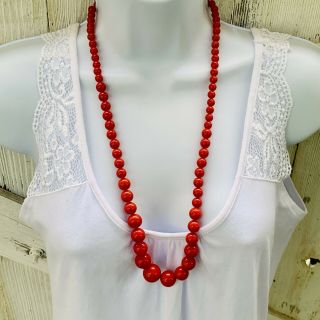 Vintage Graduated Long Red Beaded Necklace Estate Jewelry