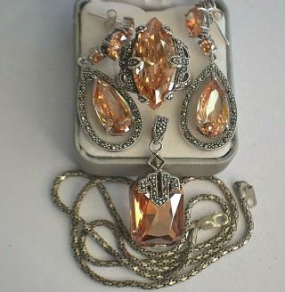 Vintage Sterling Silver Set Of Ring,  Pendant Necklace And Earrings W/ Gemstones