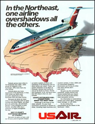 1984 Usair Us Air Northeast Airlines Airplane Usa Map Retro Art Print Ad Ads14