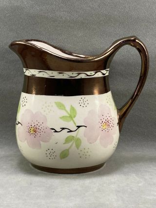 Copper Lusterware Pitcher Creamer Pink Floral Pattern Flowers Marked C48 Of 202