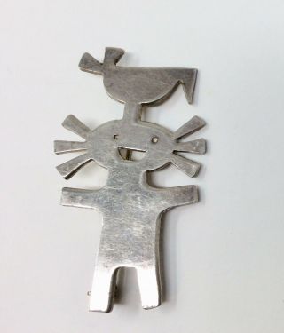 Vintage Sterling Happy Southwestern Figure With Bird On Head Pin.  Initialed Back