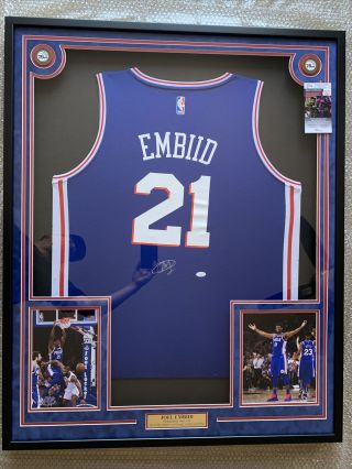 Joel Embiid Autograph Signed 76ers Blue Jersey Framed Fanatics