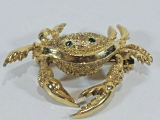 Vintage Hattie Carnegie Smiling Crab Gold Colored Emerald Eye Pin Brooch Signed