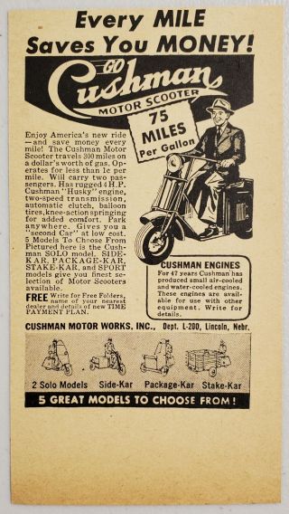 1948 Print Ad Cushman Motor Scooters 75 Mile Per Gallon Lincoln,  Nebraska