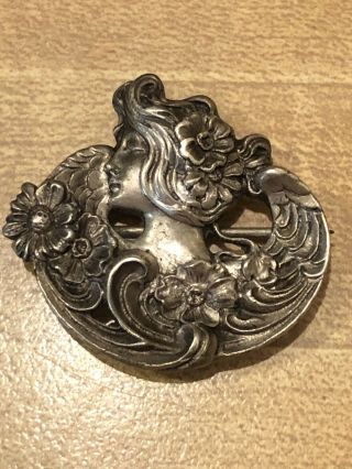 Antique Sterling Silver F&b Foster And Bailey Art Nouveau Brooch Woman Flowers