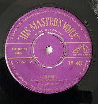 Rare Elvis Presley Blue Suede Shoes HMV 7M 405 7” Record Purple - gold Lettering 2